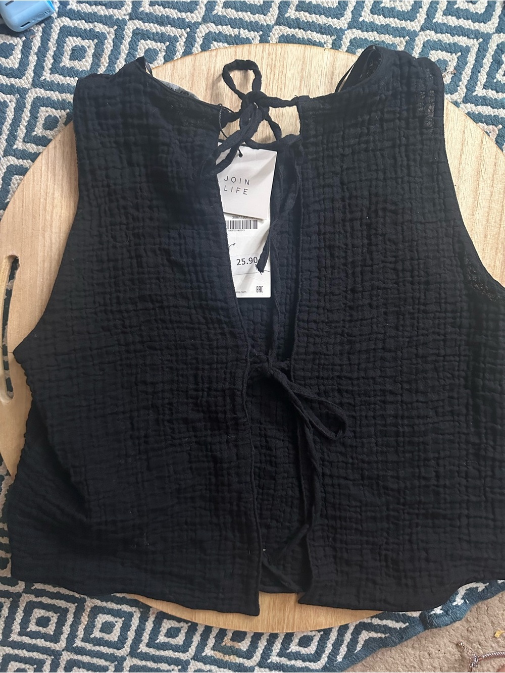 Zara Black Textured Tie-Front Crop Top NWT